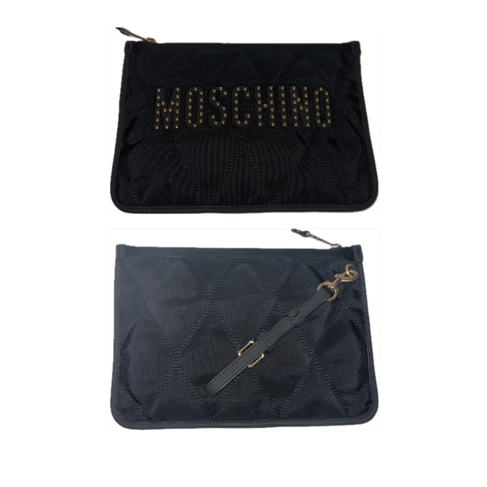 Moschino Couture SS20 Jeremy Scott Black Nylon Quilted Clutch Gold Studded Logo